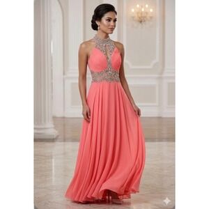 Coral‎ Pink Beaded Halter Neck Prom Gown Formal Dress Size 2 Style NWT Display